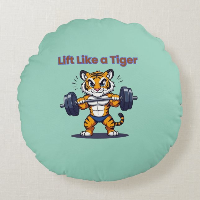 **Strong Tiger – Cute Tiger Lifting Weights Illust Round Cushion (Front)