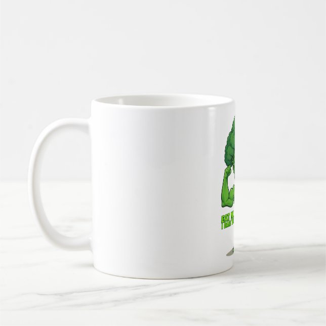Strong Veggies Club-Flexing Broccoli Funny Cartoon Coffee Mug (Left)