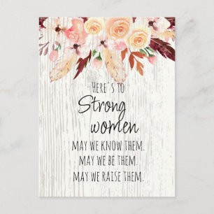 Strong Women Boho Pink Floral Feather Wood Effect  Postcard