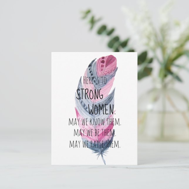 Strong Women Watercolor Pink Grey Boho Feather Postcard (Standing Front)