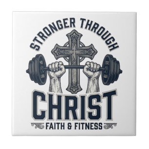 Stronger Through Christ Christian Gym T-Shirt Ceramic Tile