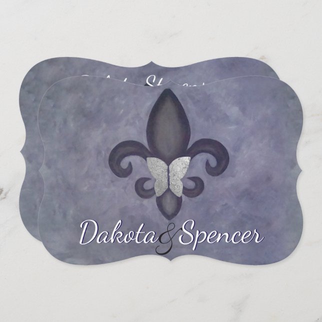 Stubborn Purple Fleur de Lis Silver Butterfly Invitation (Front/Back)