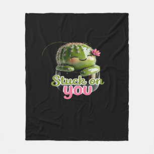 Stuck On You Cute Cactus Pun Kawaii Valentines Lov Fleece Blanket