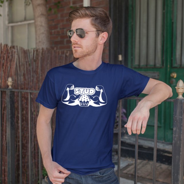STUD MUFFIN Funny MUSCLES blue and white T-Shirt (Creator Uploaded)