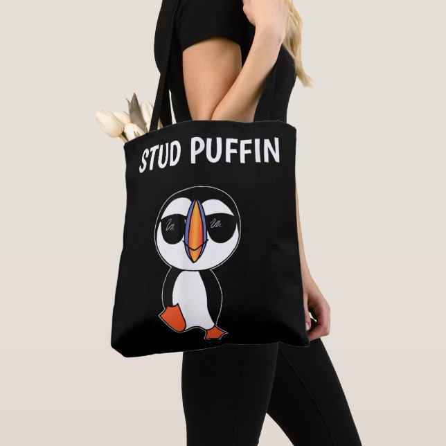 Stud Puffin Funny Bird Tote Bag (Close Up)