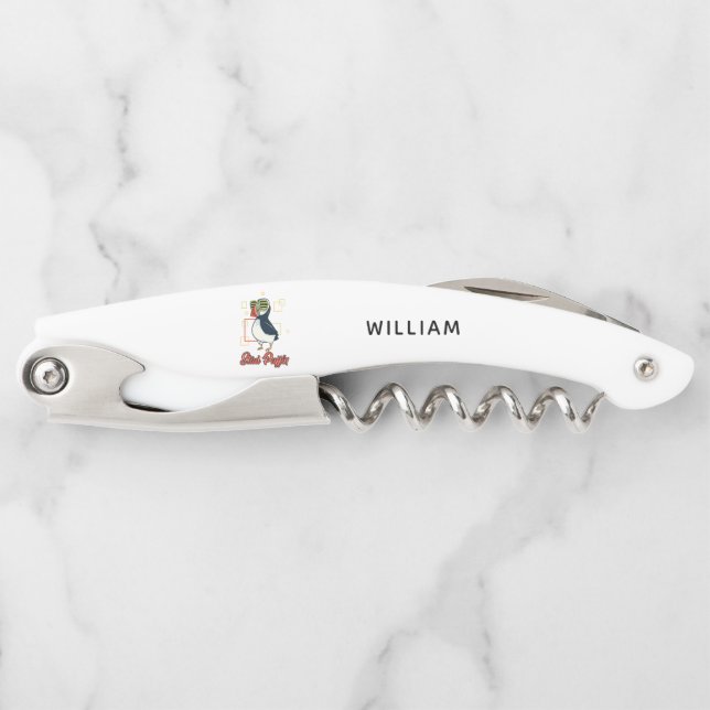 Stud Puffin Sea Bird Illustration Personalised Corkscrew (Front)