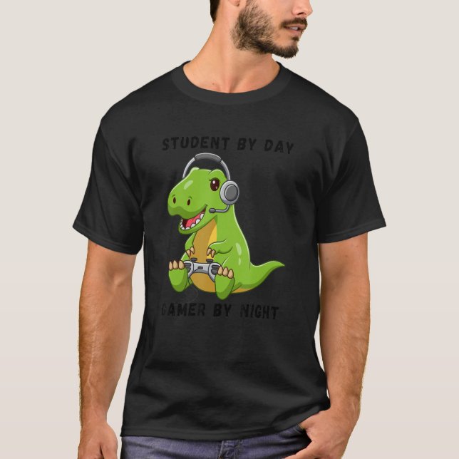 Student By Day Gamer By Night Meme Rex Dinosaur T-Shirt (Front)