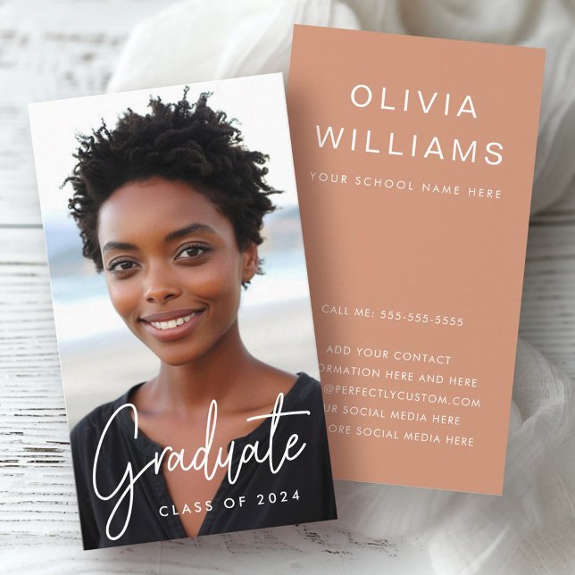 Student graduation networking photo terracotta business card (Student graduation networking photo terracotta business card)