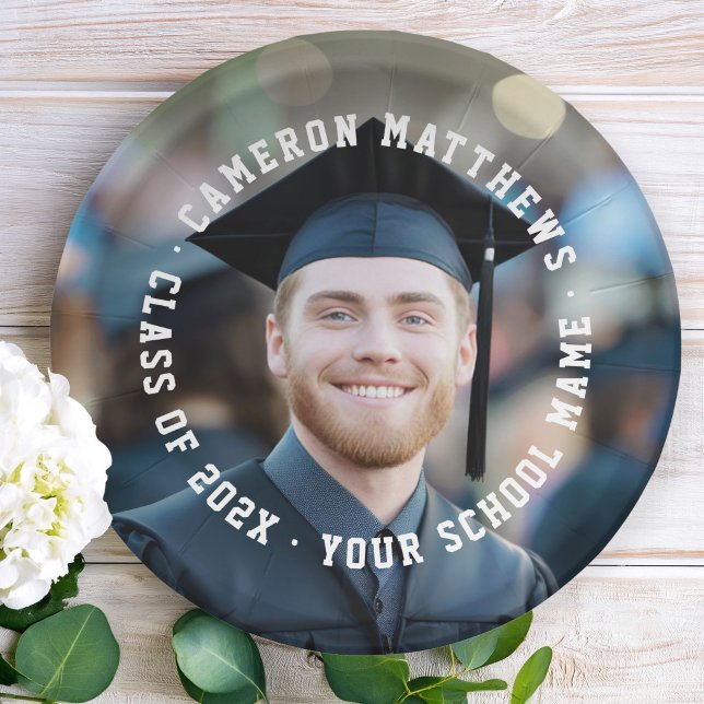 Student graduation photo college jersey font paper plate (Student graduation photo college jersey font paper plates)