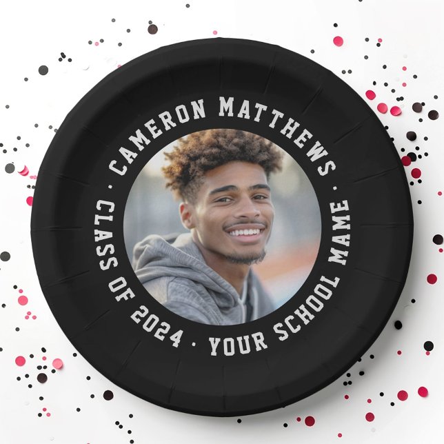 Student graduation photo modern black paper plate (Student graduation photo modern black paper plates)