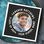 Student graduation photo modern black white napkin<br><div class="desc">Modern,  black and white graduation photo napkins with your custom name,  school and year in a white font on a black background. You can change font and  black background colour,  move and resize elements with the design tool.</div>