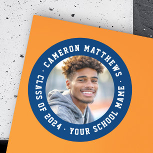 Student graduation photo modern dark blue classic round sticker