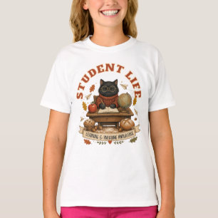 Student Life Cute Black Cat Desk Autumn Custom T-Shirt
