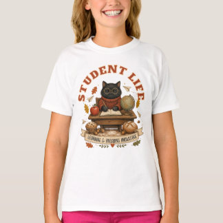 Student Life Cute Black Cat Desk Autumn Custom T-Shirt