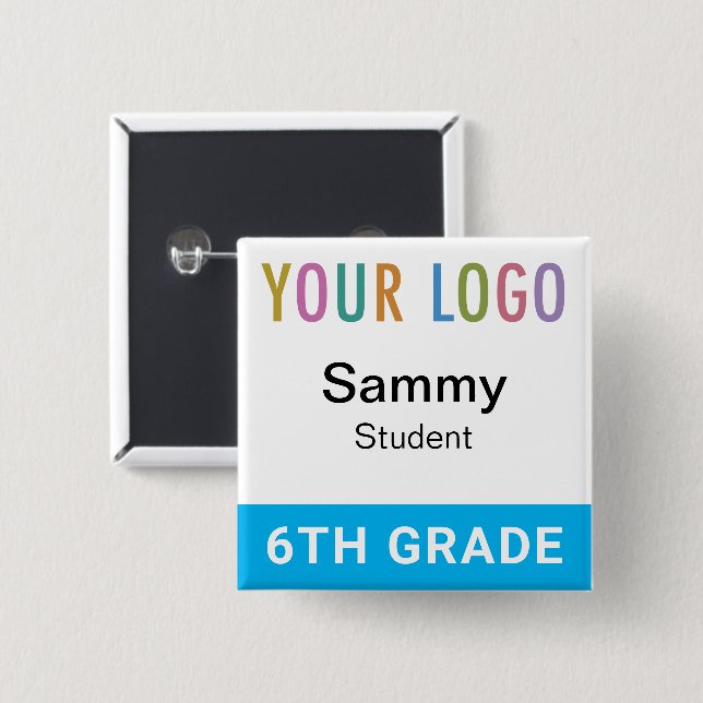 Student Name Badge Button School Logo Sky Blue (Front & Back)