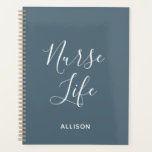 Student Nurse Dusty Blue White Script Personalised Planner<br><div class="desc">Keep up with your busy schedule in style with this Student Nurse Dusty Blue White Script Personalised Planner. It is a modern design with the text "nurse life" in large white trendy hand lettered script centred on the front of dusty blue background. Name is across lower front. Click personalise option...</div>