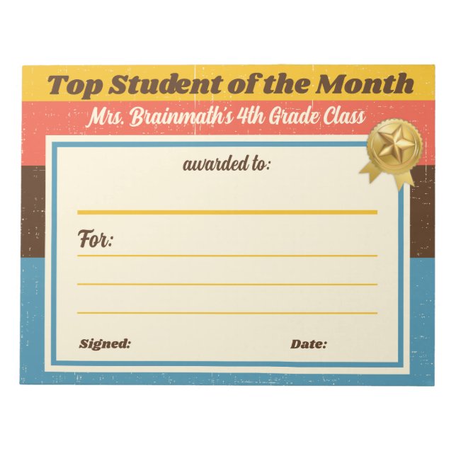 Student of the month teacher certificate award notepad (Front)