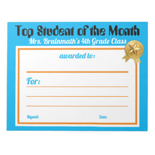 Student of the month teacher certificate award notepad