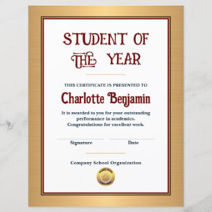 Student Of The Year Achievement Certificate Custom