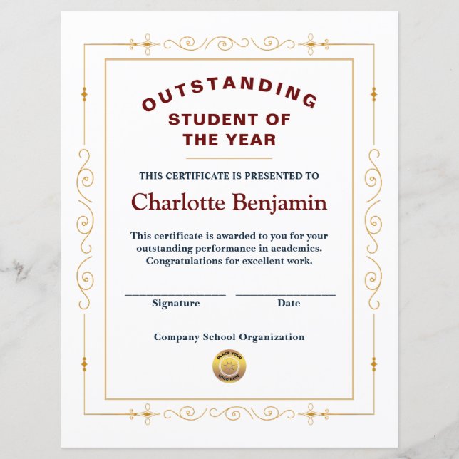 Student Of The Year Achievement Certificate Custom (Front)