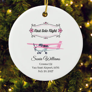 Student Pilot First Solo Flight Pink Aeroplane xma Ceramic Ornament