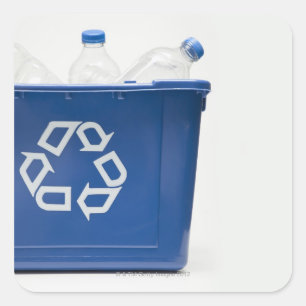 Studio shot of recycling bin with bottles square sticker