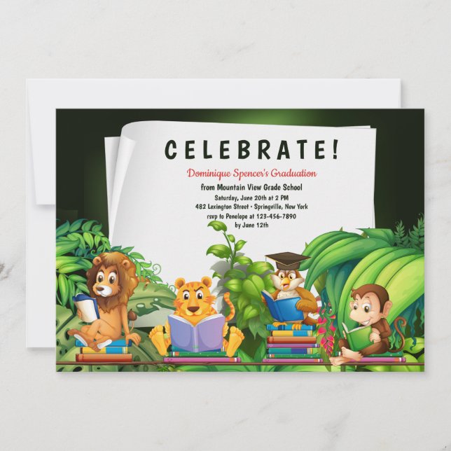 Studious Jungle Animals Graduation Invitation (Front)