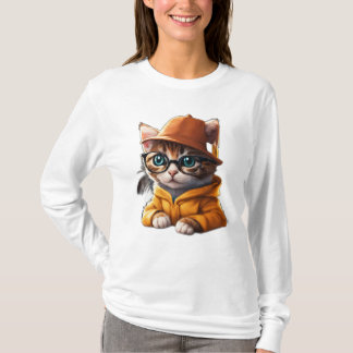 Studious Kitty: Cartoon Kitten with Hat & Glasses T-Shirt