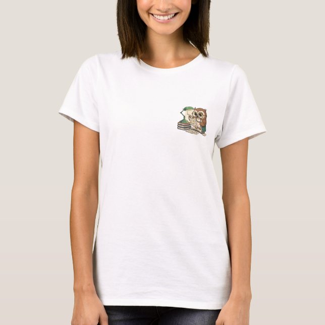 Studious Owl Scholar Examining Papers with Magnify T-Shirt (Front)
