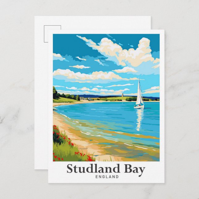 Studland Bay England Vintage Travel Illustration Postcard (Front/Back)