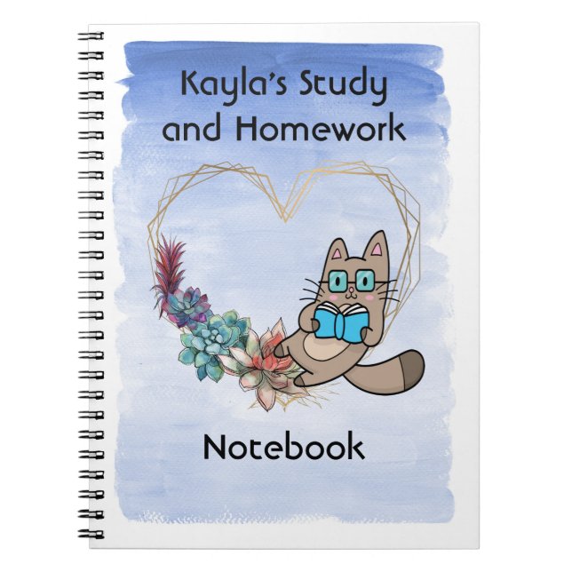 Study & Homework Notebook, with Cat & Book (Front)