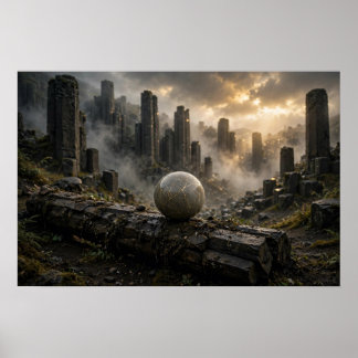 Study in Basalt — Gold-Veined Stone Sphere Poster