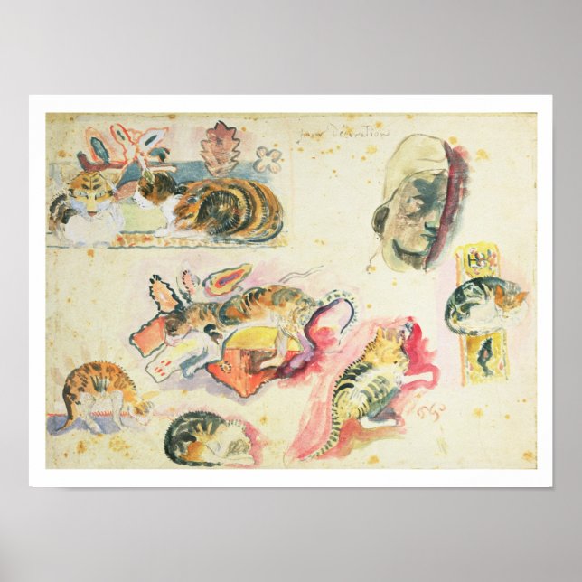 Study of Cats and a Head (w/c on paper) Poster (Front)