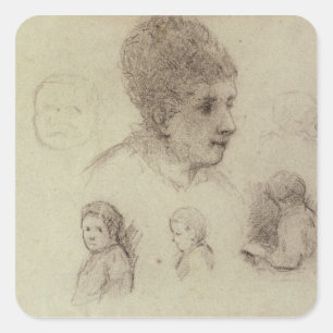 Study of Heads, 1884 (black chalk on paper) Square Sticker