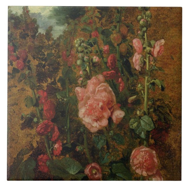 Study of Hollyhocks, c.1826 (oil on board) Ceramic Tile (Front)