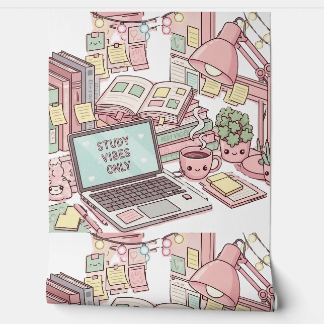 Study Vibes Only" Cosy Desk Aesthetic Wallpaper (Unrolling)