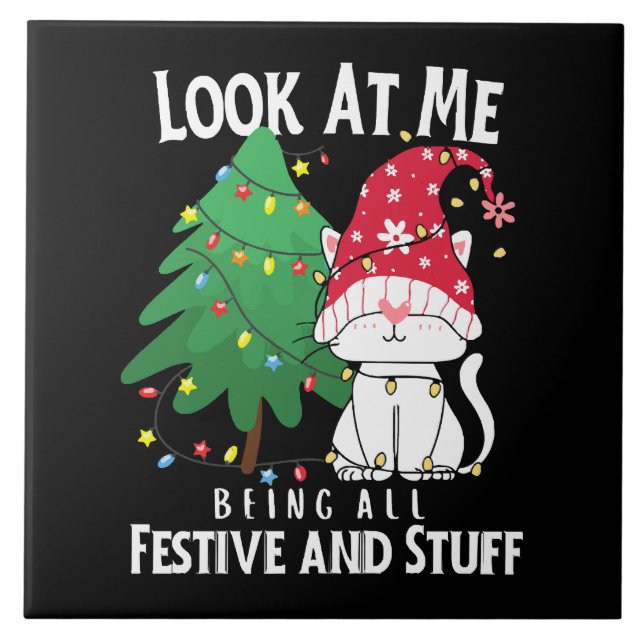  Stuff Funny Christmas Cat Ceramic Tile (Front)