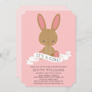 Stuffed Brown Bunny Rabbit Girl Baby Shower Invite