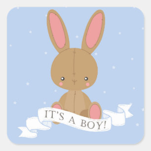 Stuffed Brown Bunny Rabbit It's a Boy! Baby Shower Square Sticker