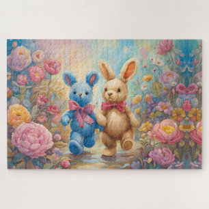 Stuffed Bunnies In a Pastel Garden Jigsaw Puzzle