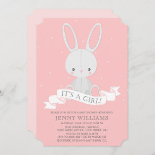 Stuffed Bunny Rabbit Girl Baby Shower Invitation