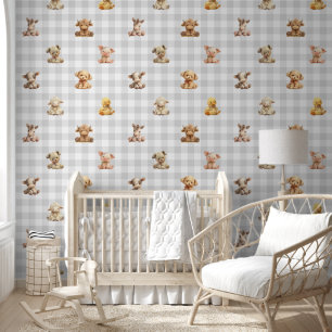 Stuffed Farm Animal Toys Grey Plaid Baby Nursery  Wallpaper
