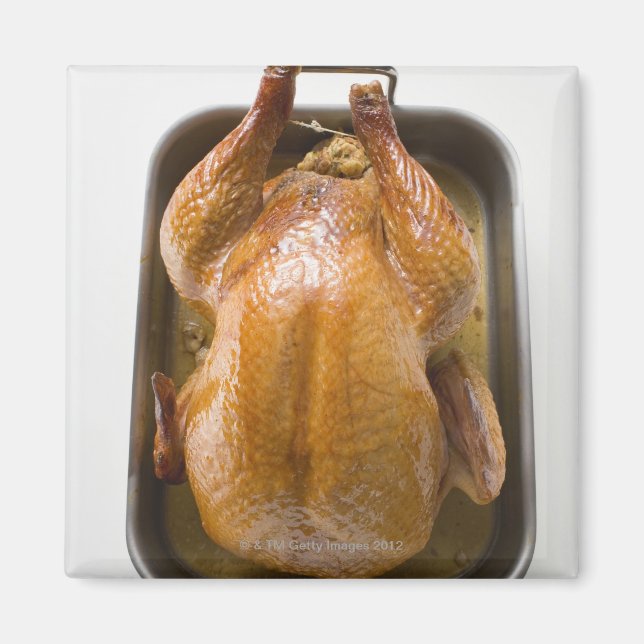 Stuffed roast turkey in roasting tray, close up magnet (Front)