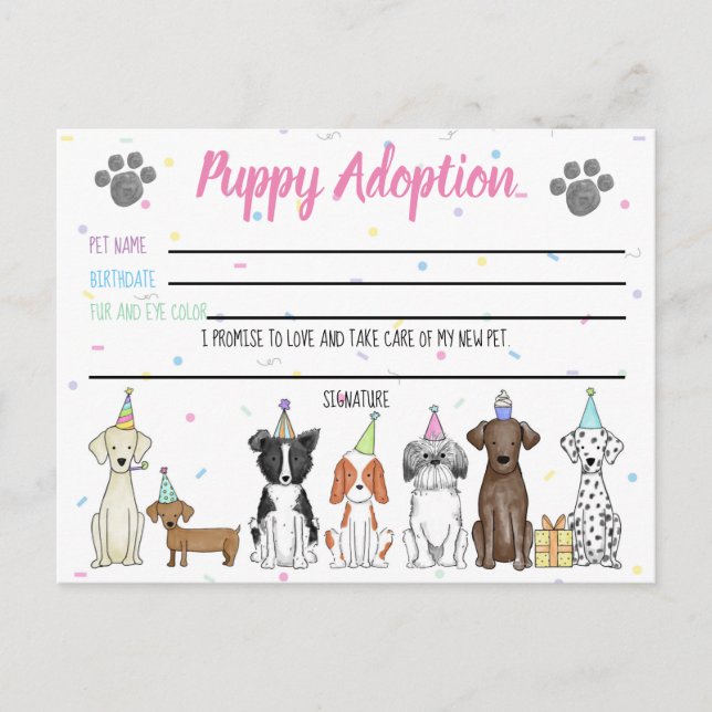 Stuffed Toy Puppy Adoption Card for Party Favor (Front)