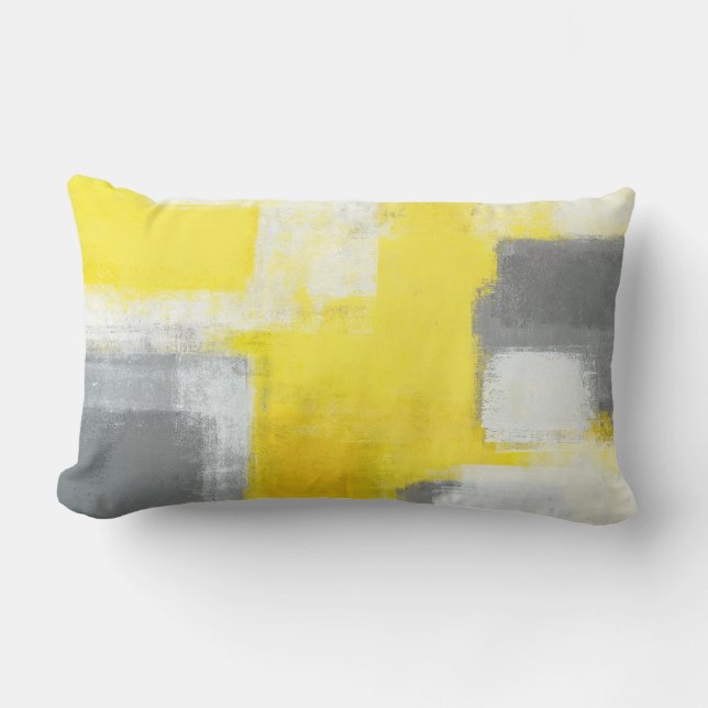 'Stumbled' Grey and Yellow Abstract Art Lumbar Cushion (Front)