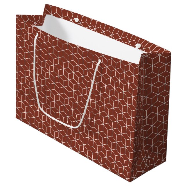 Stunning 3D Effects: White Cubes on Brick-Red  Large Gift Bag (Front Angled)