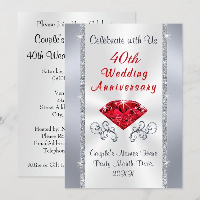 Stunning 40th Ruby Wedding Anniversary Invitations (Front/Back)