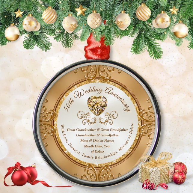 Stunning 50th Anniversary Ornament, Grandparents Metal Ornament (50th Wedding Anniversary ornament. Inexpensive 50th wedding anniversary gift for grandparents. 50 yr)