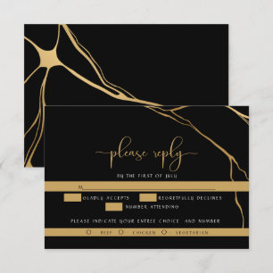 Stunning Abstract Black and Gold Kintsugi RSVP Card