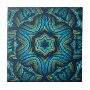 Stunning Abstract Blue and Yellow Mandala Art Ceramic Tile